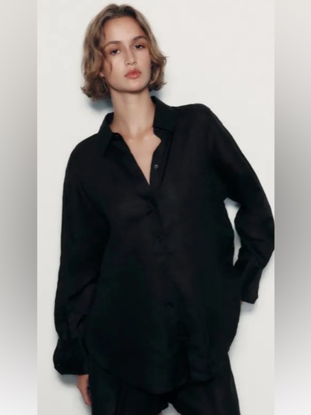 Zara Black Linen Relaxed Button Down Shirt Blouse - Minimalist, Size M